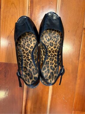 Gianni Bini Black Peep-Toe Slingback Heels with Leopard Insole